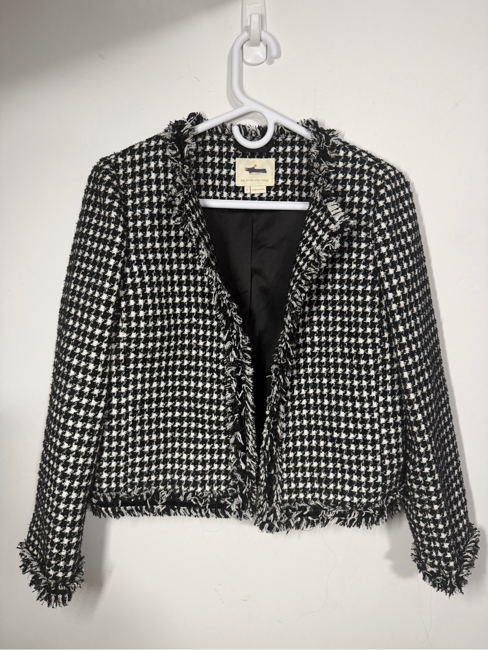 kate spade Black & White Houndstooth Fringe Cropped Jacket NWOT - Picture 3 of 5